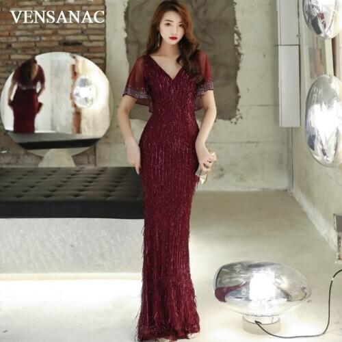 VENSANAC Sexy Deep V Neck Sequined Mermaid Long Evening Dresses Party Crystal Short Sleeve Prom Gowns