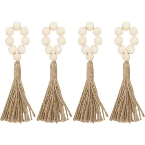 4PCS Wood Bead Garland Napkin Rings With Tassels Rustic Tableware Festival Decoration