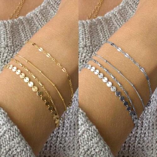 4pcs/set 2021 New Bohemia Multilayer Gold Silver Color Coin Tube Lace Satellite Chain Bracelets For Women