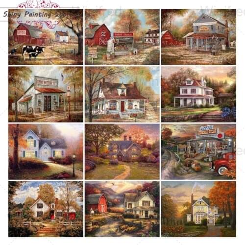 5D DIY Diamond Embroidery Autumn Landscape Rhinestone Art Diamond Painting House Garden In Dawn Sunset Picture Wall Decoration