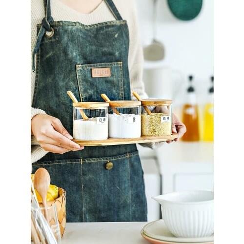 Bamboo Kitchen Seasoning Shaker Set Jar Glass Storage Spice Salt Container Holder Pot with Lid Spoon Woden Creative Sugar Bottle