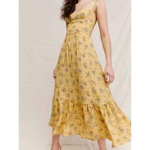 BOHO INSPIRED yellow floral straps summer dress smocked back sexy women dress new midi elegant ladies dress chiffon dress party
