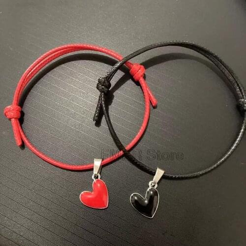 2 Pcs/lots Couple Love Heart Lucky Bracelet Red Black White Color Rope Bracelet Adjustable Fashion Wholesale Enamel Jewelry