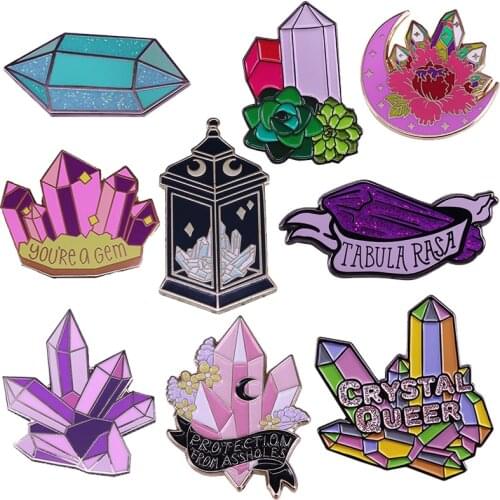 9 Styles Beautiful Crystal Cluster Theme Enamel Pin Glitter Gem Flowers Brooch LGBTQ Proud Witchy Decor