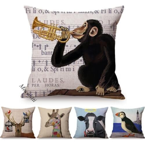 Cartoon Animal Pattern Sofa Pillow Case Pastel Painting Funny Monkey Rabbit Deer Cow Giraffe Kids Room Decoration Cushion Cover