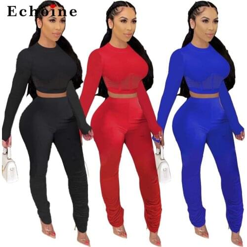 Echoine Solid Color Womens Two Piece Set Mesh Patchwork Crop Tops Stacked Flare Pants Suit Tracksuit Matching Set Casual Outfit