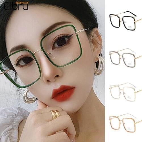 Elbru Big Frame Square Anti-blue Light Glasses New Retro Oversize Women Eye Frame Eyeglasses Metal Blue Light Blocking Goggle