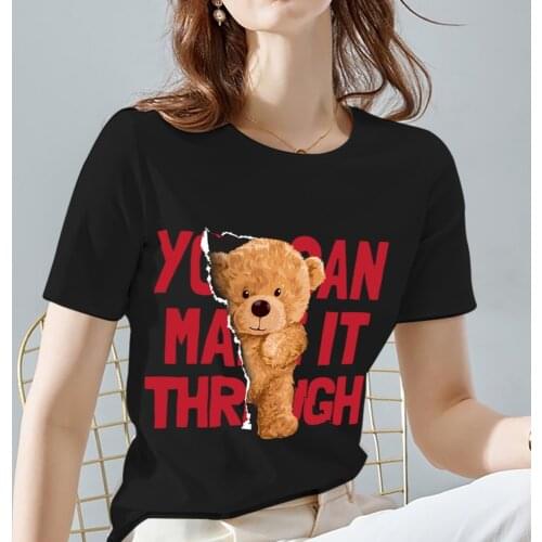 New Womens Fashion T-shirt Summer Black All-match VOGUET Cute Bear Pattern Series Female Tops Street Casual Lady Short Sleeve