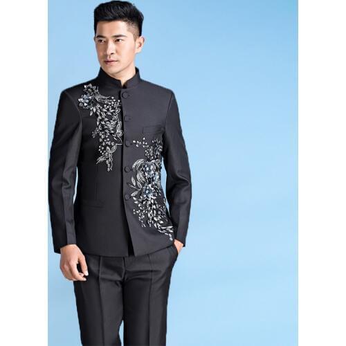 Chinese tunic suit mens stand collar mens flower clothing slim chinese style mens wedding groom wear costume homme black white