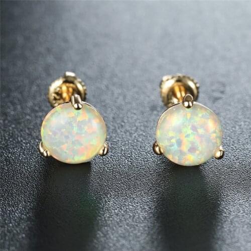 Classic Round Small Stone Screw Back Earrings Female White Fire Opal Stud Earrings Fashion Gold Color Wedding Earrings For Women