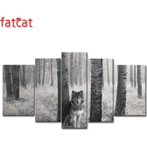FATCAT 5 Panel Wolf in the forest animal Diy Diamond Painting Full Square Round Drill Diamond Embroidery Sale home decor AE168