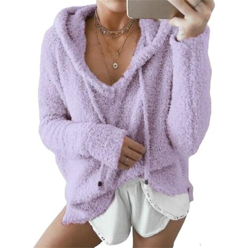 Solid Color Hooded Sweaters Plus Size 5XL Fleece Soft Plush Tops Casual V-Neck Sweater Street Female Teddy Plush Clothing Top