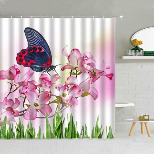 Romantic Butterfly White Rose Flower Shower Curtain Spring Floral Scenery Girl Gift Bathroom Decor Waterproof Fabric Curtains