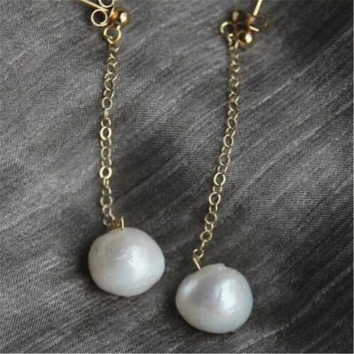 12-13mm White Baroque Pearl Earrings Gold Ear Drop Dangle Aurora Gift Irregular Fashion Luxury Women Accessories Flawless