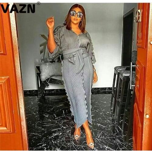 VAZN GJN1003 Autumn Loose V-neck Elegant Night Club Sexy Party Young Dress 2019 New Design MId Long Sleeve dress Women Dress