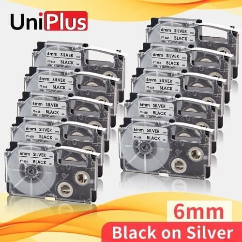 UniPlus 10PK Black on Silver 1/4" Tape Replacement Casio Label Tape XR-6SR 6mm Ribbon XR6SR for Casio Label Maker CW-L300 KL-300