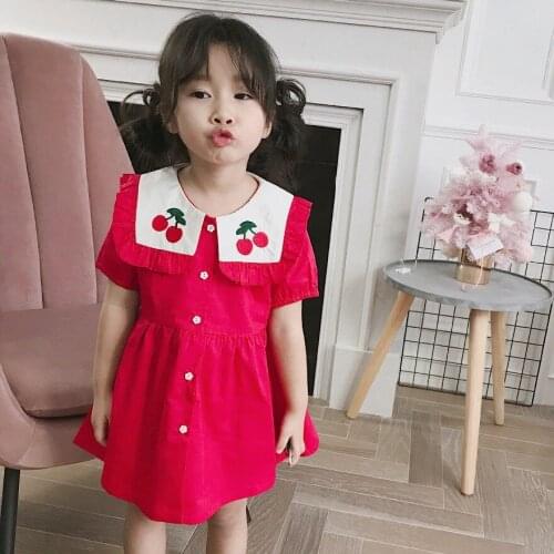 In stock summer dresses for girls Navy style rose red dress Cute cherry print baby girls clothes kids lovely short sleeve dress