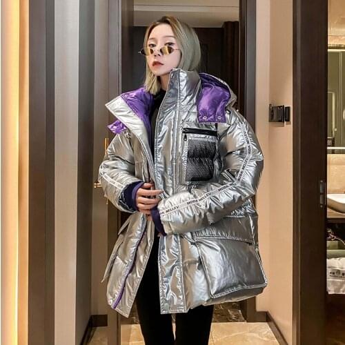 Top Quality Glossy Down Parkas Coat Hooded Winter Jacket Streetwear Womens Warm Down Jacket Silver Winter White Duck Down Coats