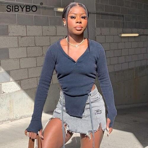 Sibybo 2021 Fall Solid V Neck T Shirt Women Long Sleeve Button Y2k Top Tee Shirts Casual Streetwear Femme Ruched Sexy Tshirts
