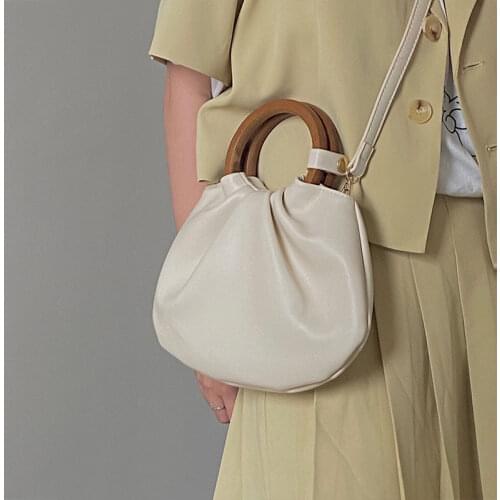 Soft Pleated PU Leather Women Crossbody Bag Retro Design Ladies Wooden Handle Shoulder Bags Fashion Female Clutch Purse Handbags