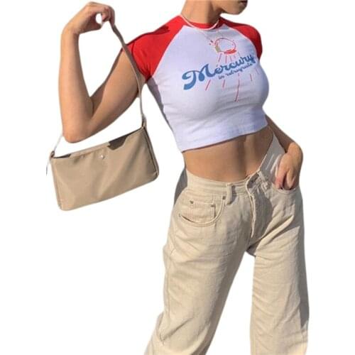 Xingqing Fashion Women Short Sleeve Crop Tops Letter Print Round Neck Short T-Shirt Hot Summer Sexy Ladies Open Navel Tee Shirt