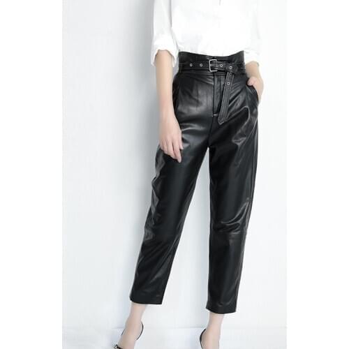 Women Genuine Leather Pants Female European/American Natural Sheepskin High Waist Carrot Pants With Belt Mujer Casual Trousers