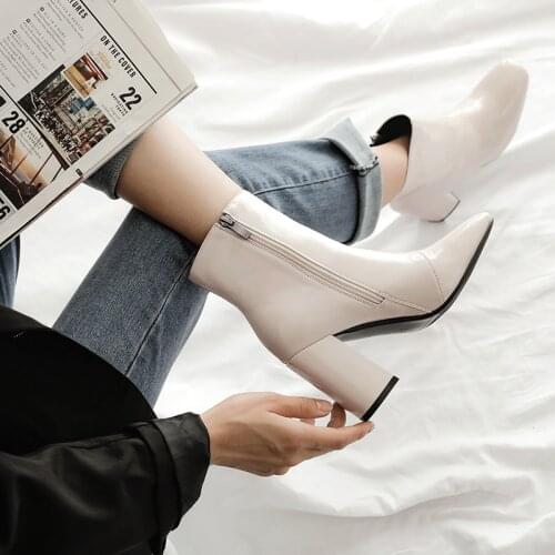 2021 Winter Luxury Women Boots Faux Leather High Heel Ankle Boots Fashion Square Toe Zipper Winter Boots Black Beige
