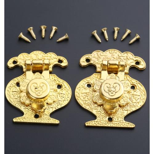 1Pc Antique Vintage Yellow Alloy Wooden Jewellery Box Vase Buckle Metal Box Hasp Pattern Latch Lock Decorative