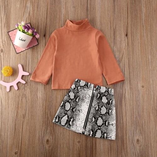 2Pcs Toddler Girl Clothes Spring Autumn Outfits Long Sleeve Turtleneck Tops +Zip Up Snake Skin Print Mini Skirt Kids Clothes Set