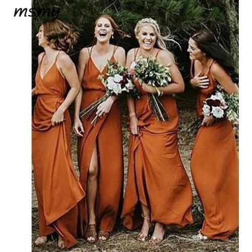2019 Simple A-Line V-Neck Bridesmaid Dresses Sleeveless Long Cheap Side Split Bridesmaid Dresses