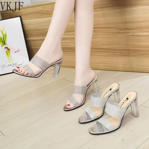 Sequined Cloth Transparent Slippers Women Sandals Sexy Open Toe High Heels Slides Woman Silver Party Shoes Ladies