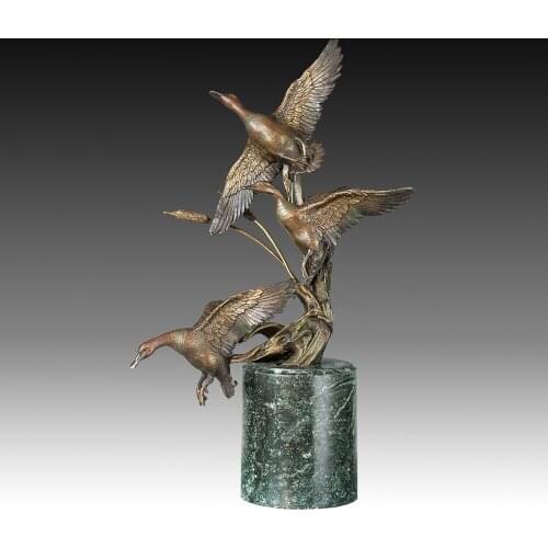 Bronze Mallards Statue Animal Sculpture Hot Casting Brass Marble Base Home Decor