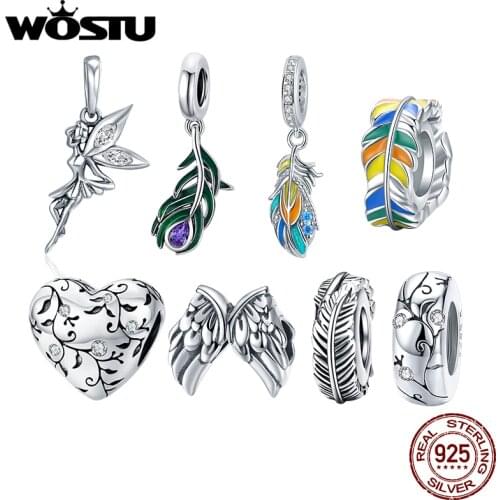WOSTU Authentic 925 Sterling Silver Hot Sale Feather Beads Charms Pendant Fit Bracelets Women Fashion DIY Jewelry Gift Making