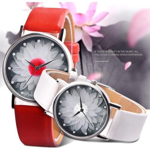 Womens Lotus Fashion Watch Casual Solid Color Leather Strap Round Dial Print Analog Quartz Watch giftчасы женские наручные 50
