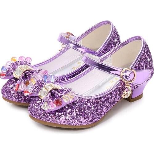 Kids Leather Shoes for Girls Princess Flower Casual Glitter Children High Heel Girls Shoes Butterfly Knot Blue Pink Silver