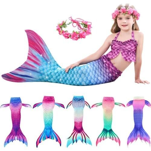 Kids Swimmable Girls Swimming Mermaid tail Mermaid Costume Cosplay Children Swimsuit Fantasy Beach Bikini can add Monofin Fin