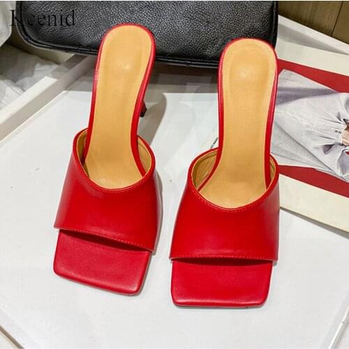 Kcenid New vintage square toe summer slippers women sandals high heel slipper sexy dress shoes woman ladies mules outdoor slides