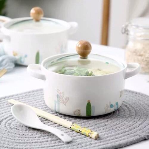 Ceramic Instant Noodle Bowl with Lid Instant Noodle Cup Bowl and Chopsticks Set Household Lunch Box