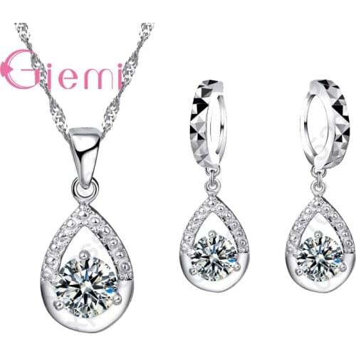 Fancy Waterdrop 925 Sterling Silver Pendant Necklace Earrings Jewelry Sets With Cubic Zirconia Women Wedding Bijoux