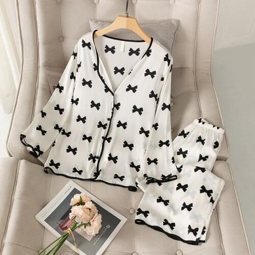 White Pajamas Satin Femme 2PCS Pjs Sets Nightwear Button-Down Pyjamas V-Neck Shirt&Pants Sleep Suit Casual Home Wear Clothes