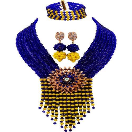 Royal Blue and Opaque Yellow Nigerian Wedding African Jewelry Set Crystal Beaded Necklace Party Jewelry Sets 8SK07