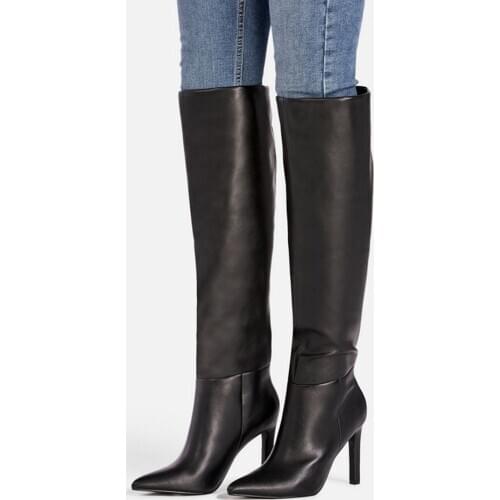 Leather Black Stiletto Heeled Boots Sexy Pointed Toe Solid Top Suede Grey Winter Boots Knee High Elegant Ladies Long Boots