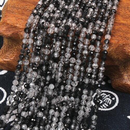 2mm 3mm Natural Black Rutilated Quartz Crystal Round Faceted Gemstone Beads DIY Accessories for Jewelry Necklace Bracelet Making