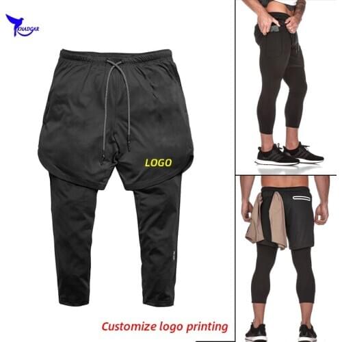 Men Cotton 2 In 1 Capris Running Pants with Pocket Quick Dry Gym Fitness Training Tights Summer Sports Workout 3/4 Pants Custom