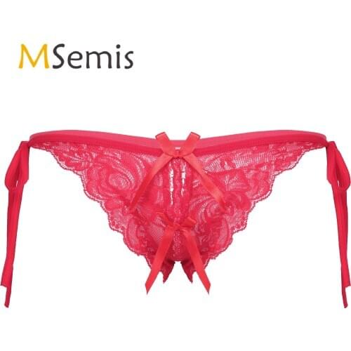Mens Lingerie Crotchless Sissy Underwear for Sex G-string Lace-up T-back Panties Low Waist Floral Lace Erotic Sexy Thong Briefs