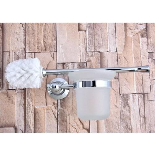 Polished Chrome Brass Wall Mounted Toilet Brush & Holder Set White Brush Glass Cup Bathroom Accessory aba793