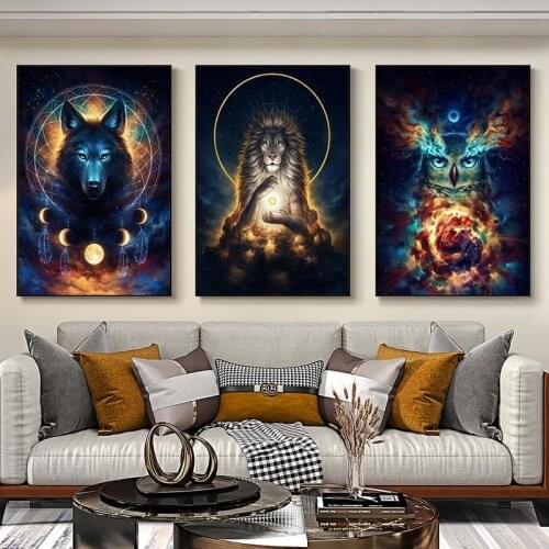 Nordic Posters Abstract Animal Lion Owl Wolf Galaxy Canvas Painting and Prints Wall Art Pictures for Living Room Home Decor