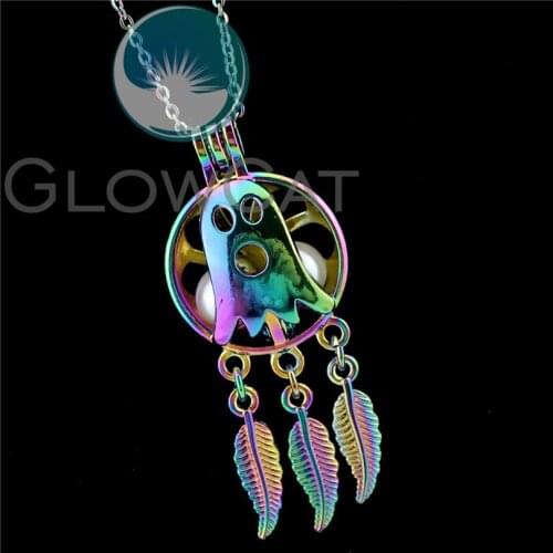 R-C924 Rainbow Ghost Dreamcatcher Beads Cage Pendant Perfume Aroma Pearl Cage Locket Necklace