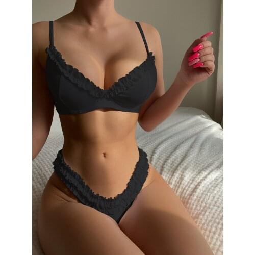 Sexy Push Up Bikinis Set 2021 Solid Ruffle Womens Swimsuit Pleated Swimwear Women High Cut Bathing Swimming Suit Drop Shipping