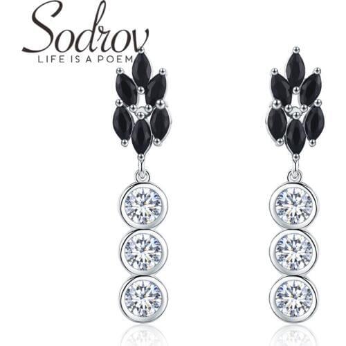SODROV Real 925 Sterling Silver Jewelry Black Spinel Wedding Drop Earrings for Women Fine Jewelry Female Bijoux I069